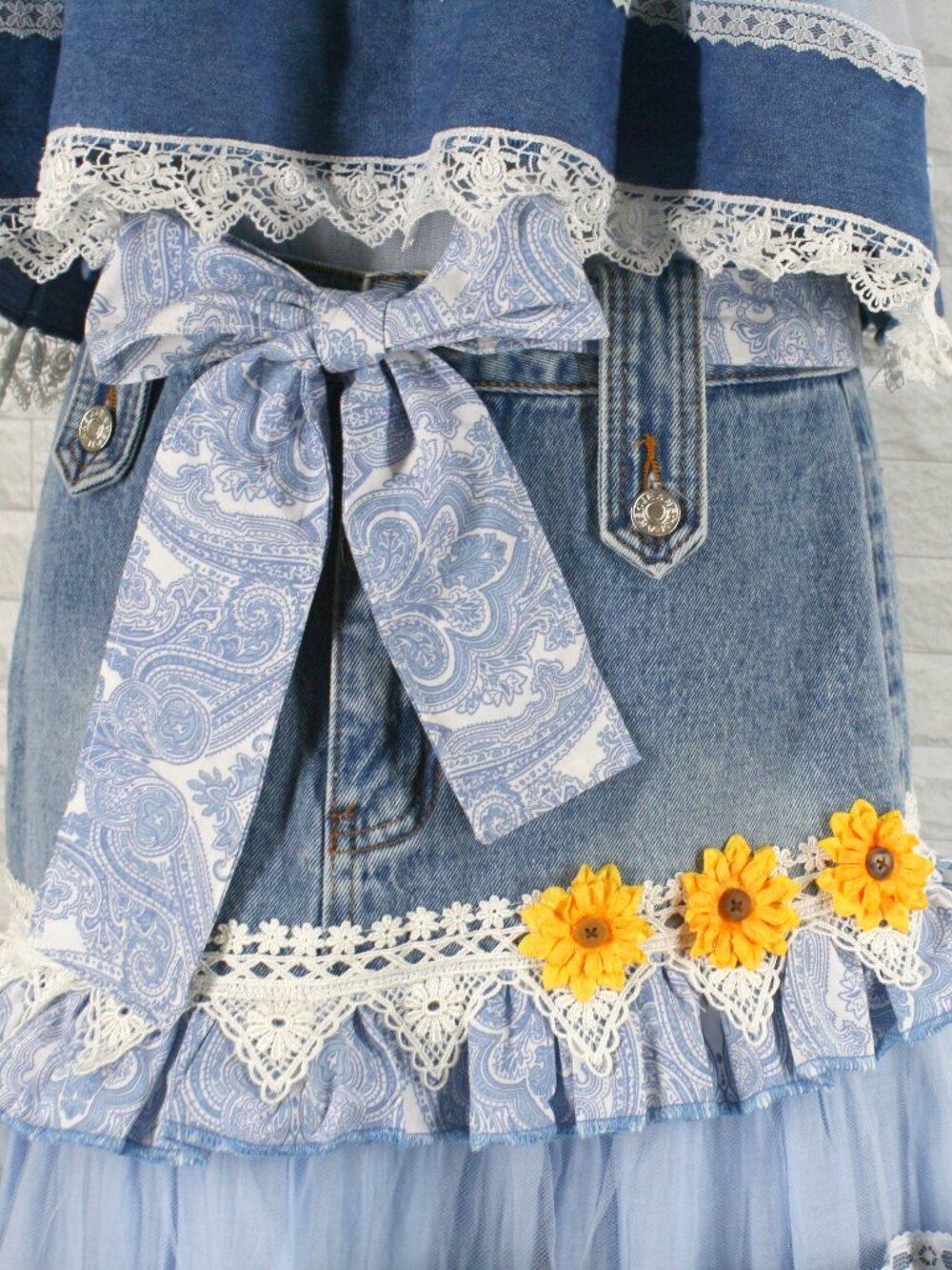 HAND CRAFTED Upcycled Skirt Set Denim Jean Lace Paisley Floral Maxi Blue Medium - Picture 3 of 16